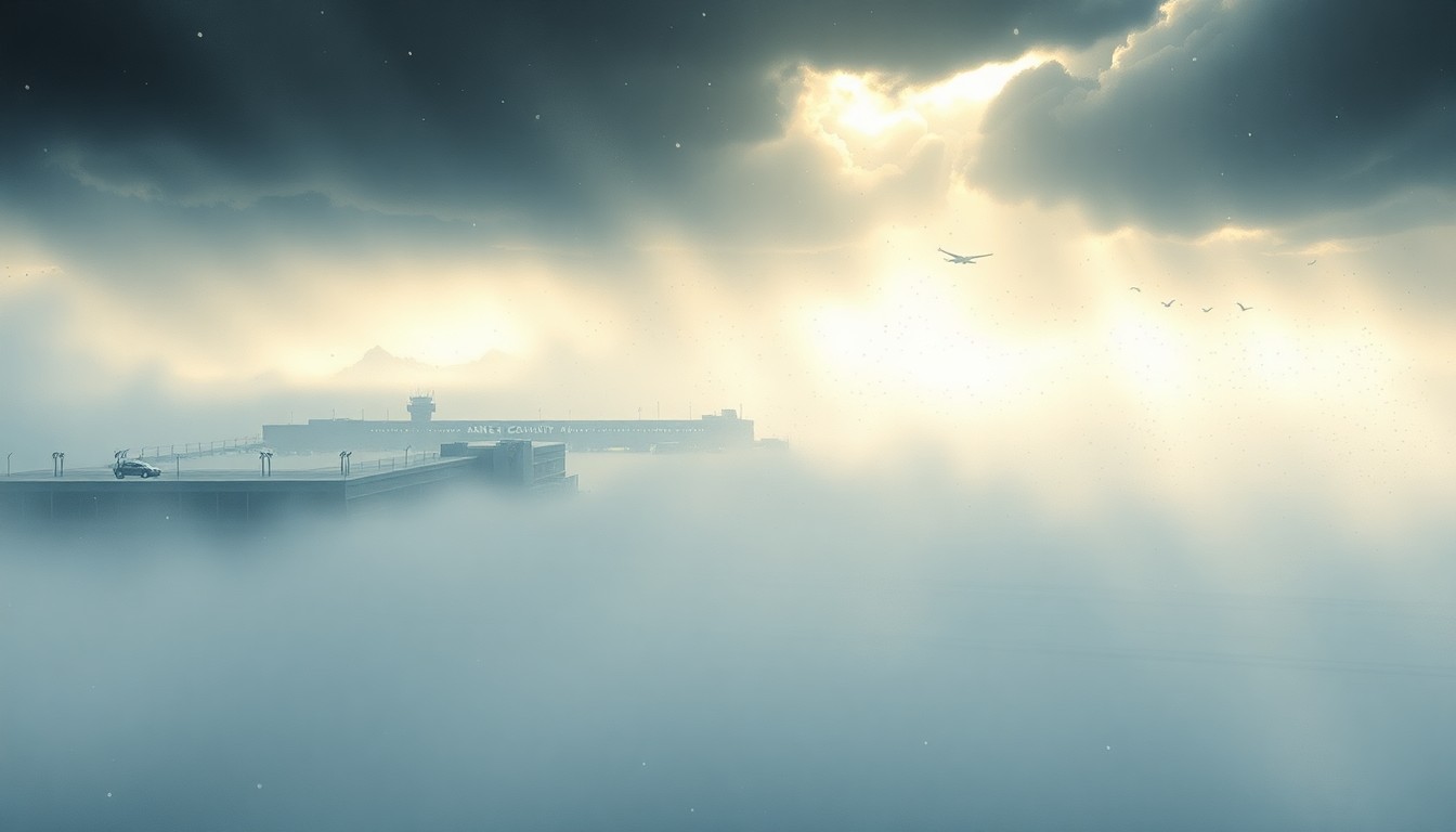 A sweeping, atmospheric landscape painting in muted blues and grays, depicting a massive hailstorm obscuring the Dane County Regional Airport in the distance, with only the faint outlines of buildings and cars visible through the whiteout conditions.