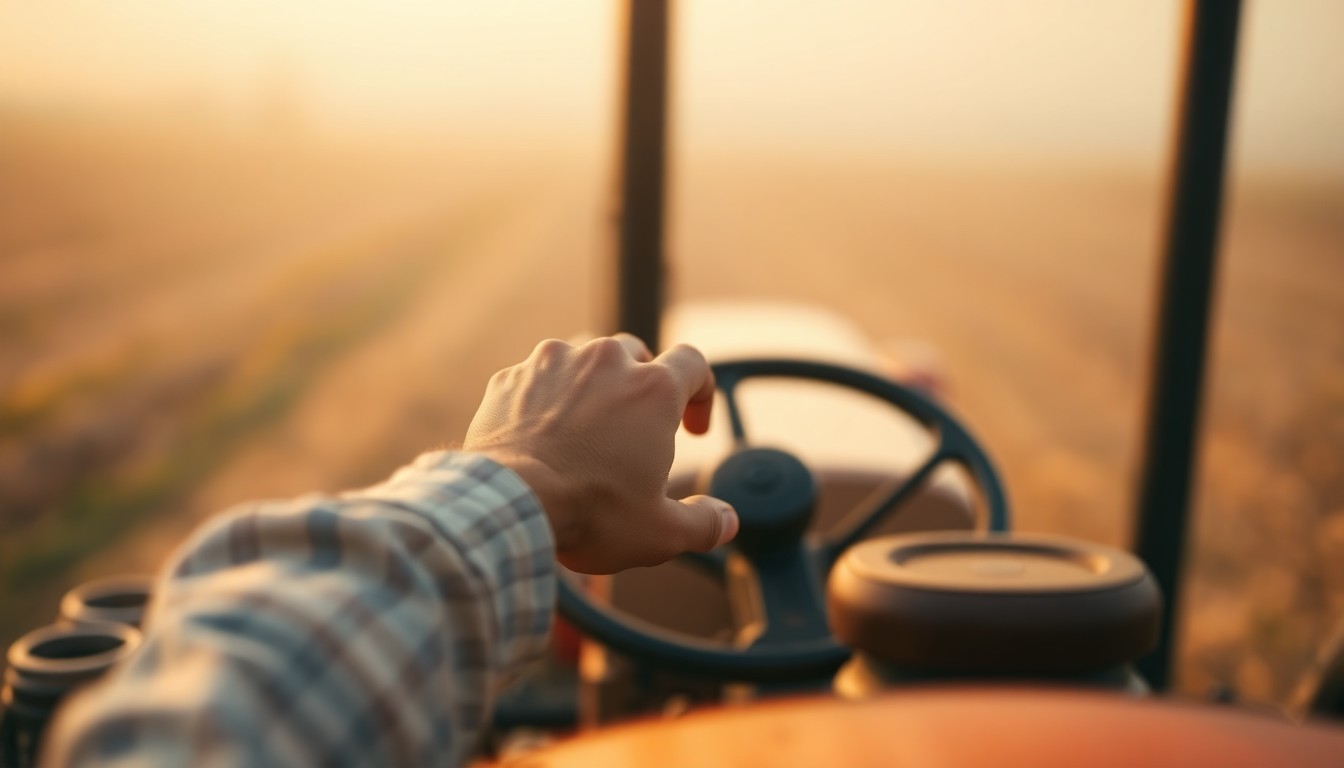 An abstract, out-of-focus photograph in warm, earthy tones depicting a farmer's hands working the controls of a tractor in a hazy field, conceptually representing the hands-on training for safe equipment operation.