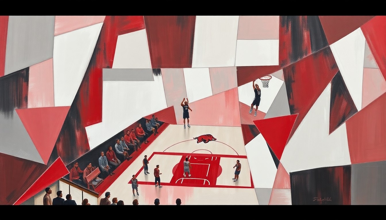 A fragmented, cubist-style painting depicting the dynamic movements and energy of a basketball game, with sharp geometric shapes in shades of red, white, and gray.