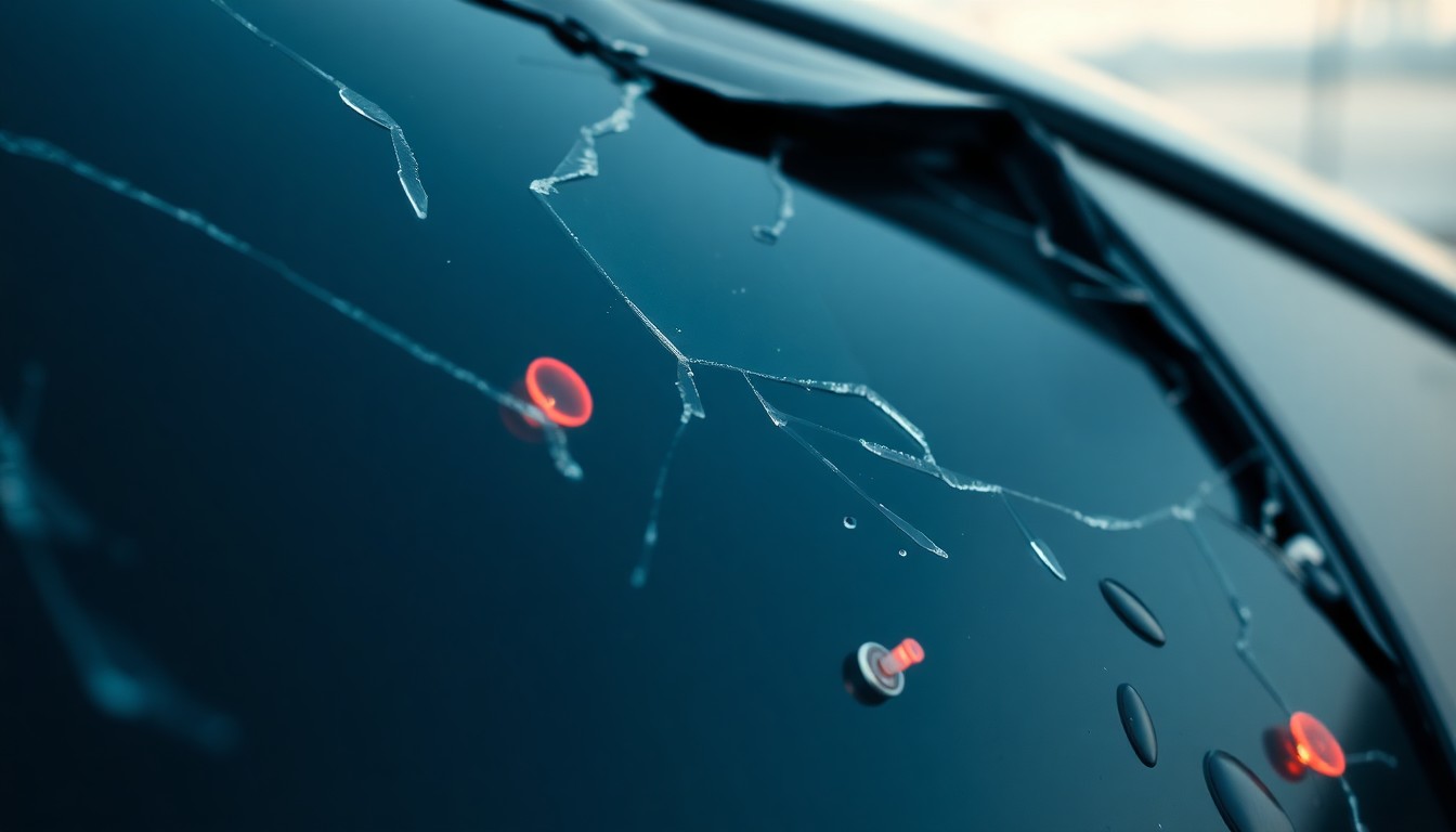 An extreme close-up photograph of a shattered car window, the glass reflecting a faint red light, conceptually illustrating the violence and destruction left in the wake of a deadly shooting.