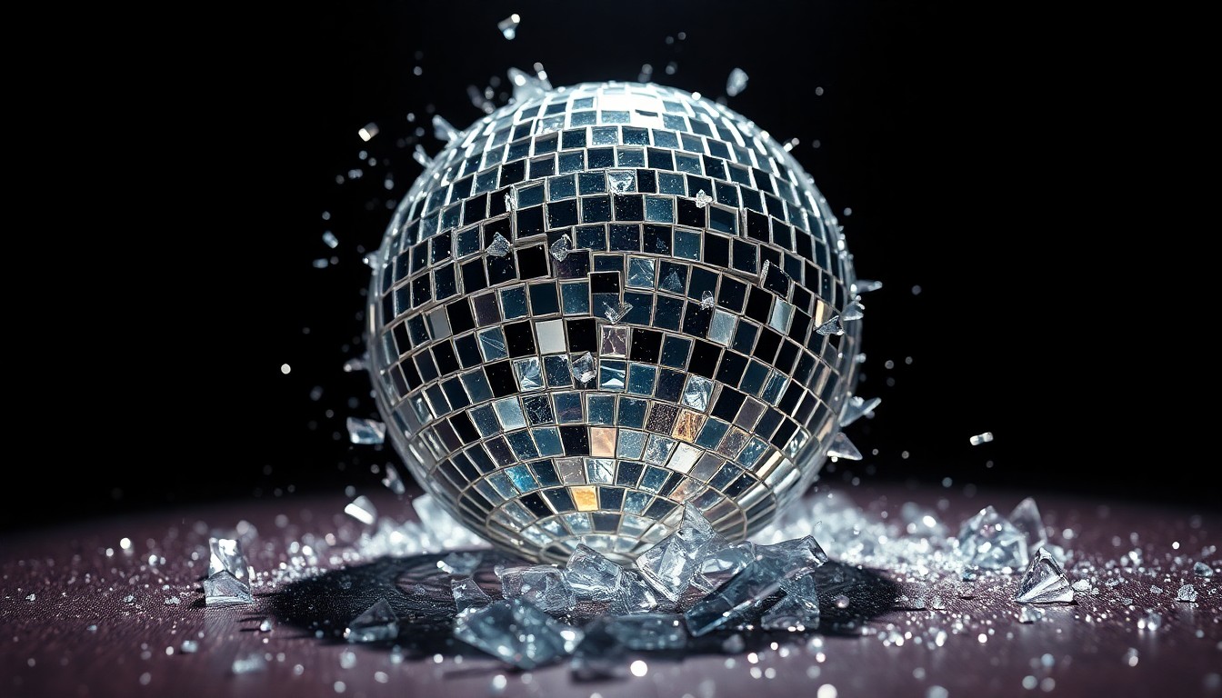 An extreme close-up of shattered, glittering glass fragments in dramatic studio lighting, conveying the conceptual idea of the fragility and high-stakes drama of reality TV friendships.