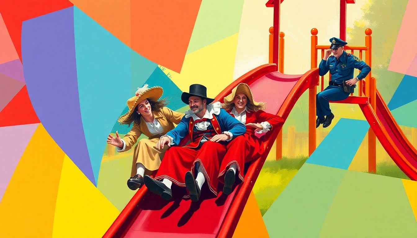 A dynamic, abstract painting featuring overlapping, fractured shapes and figures in colonial-era costumes sliding down a playground slide, conceptually representing a progressive political campaign event challenging traditional norms.