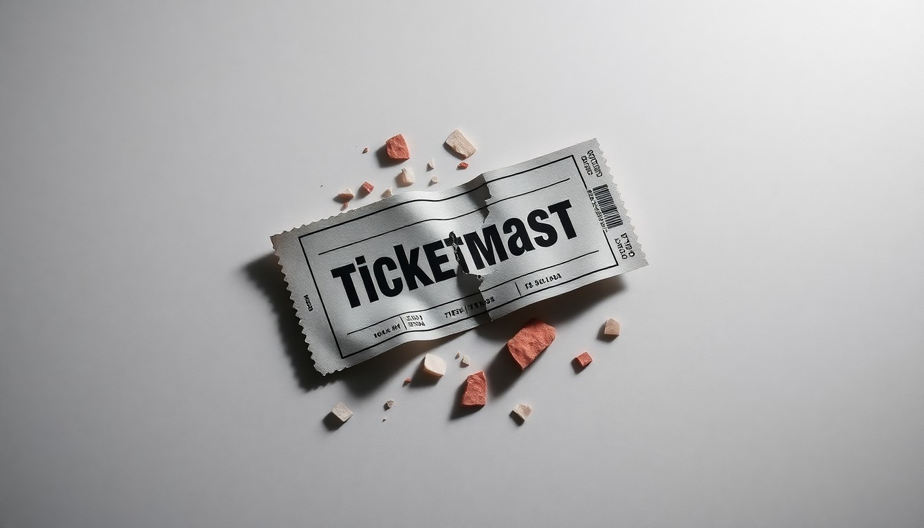 A photorealistic studio still-life image featuring a cracked and shattered ticket stub lying on a clean, monochromatic background, symbolizing the collapse of Ticketmaster's monopolistic control over the live event ticketing industry.