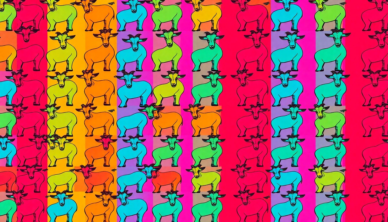 A bold, stylized silkscreen illustration featuring a repeating grid of vibrant, neon-colored goat figures, conceptually representing the herd of grazing animals deployed to Bidwell Park for vegetation management.