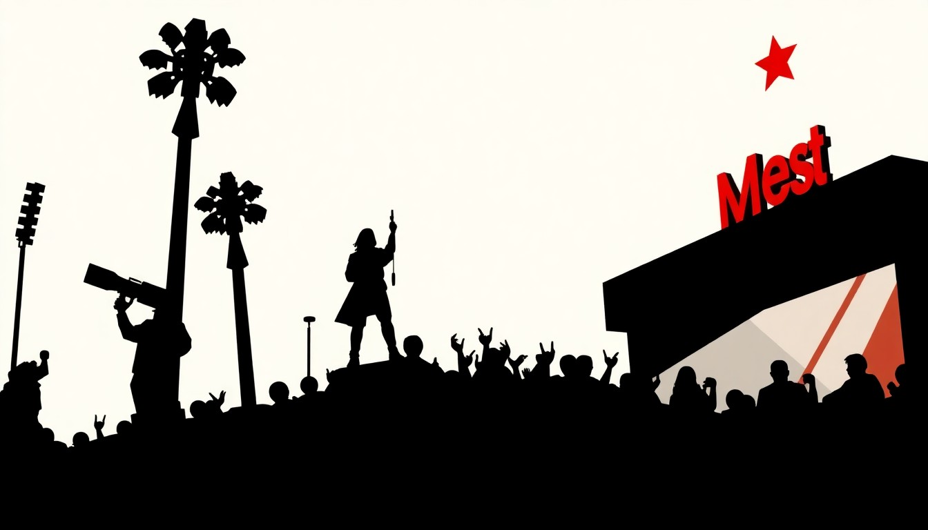 An abstract, minimalist composition of jagged, geometric shapes in bold red and white, conceptually representing the decline of the entertainment industry in California.