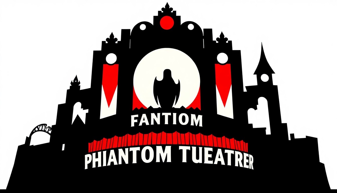 A striking abstract illustration featuring bold, jagged black silhouettes of theatrical elements like opera boxes, organ pipes, and haunted characters, set against a high-contrast red and white background, conceptually representing the new Phantom Theater ride at Kings Island.