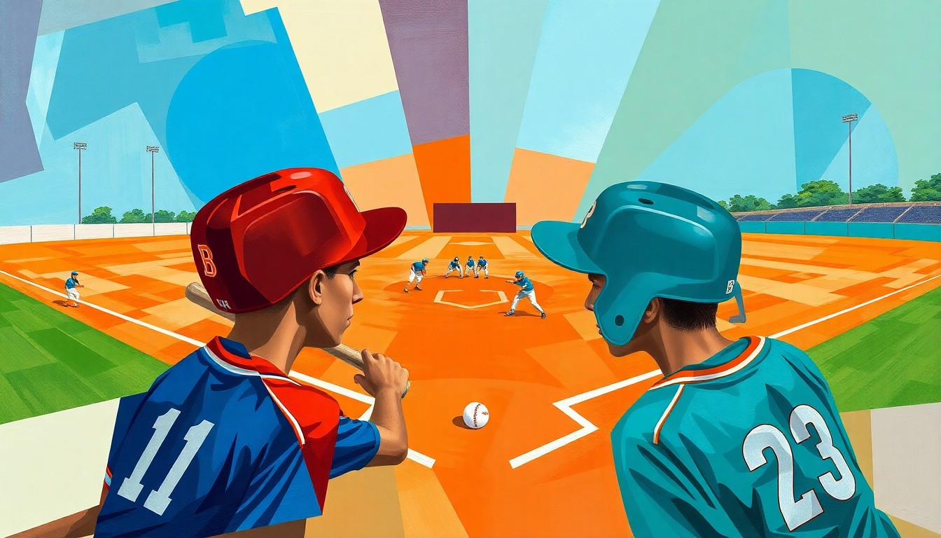 A cubist, geometric painting depicting the action and energy of a softball game, with the uniforms of the competing teams breaking down into overlapping planes of vibrant blue, orange, teal, and white.
