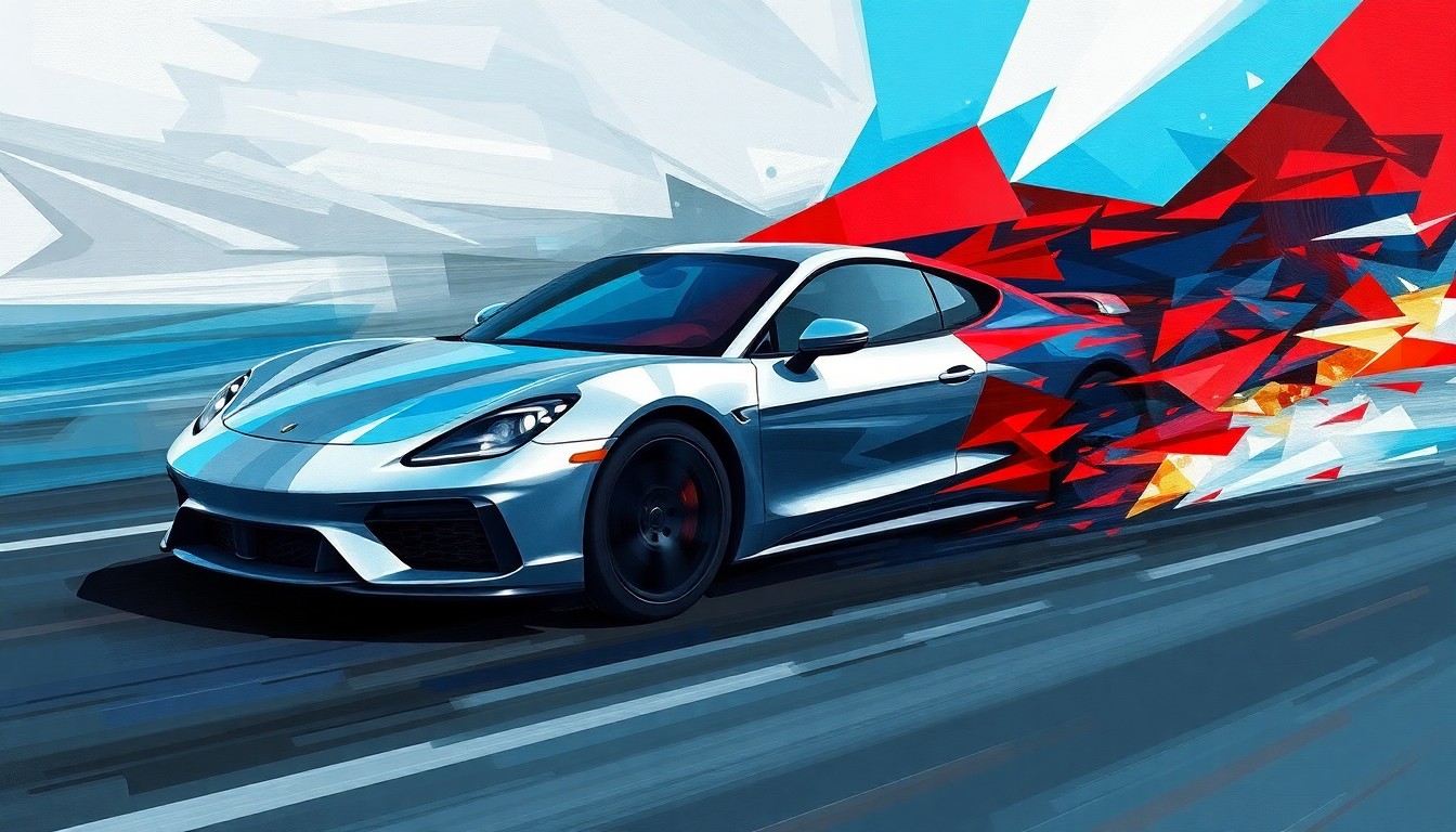 A vibrant, abstract painting depicting a speeding car in overlapping, fragmented brushstrokes of blue, grey, and red, conveying the motion and energy of high-speed driving.