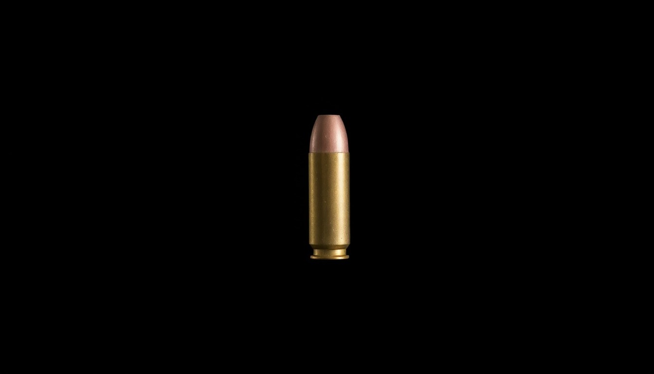 An extreme close-up photograph of a single bullet casing against a pitch-black background, lit by a harsh, direct camera flash, conceptually representing the stark, gritty nature of a violent crime investigation.