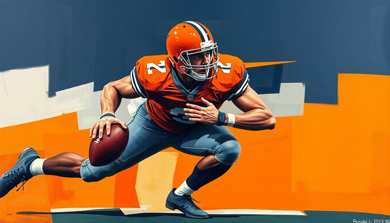 A fragmented, cubist-style painting depicting a football player in motion, their body broken down into sharp, geometric shapes in shades of orange, grey, and blue, conveying the power and intensity of the sport.