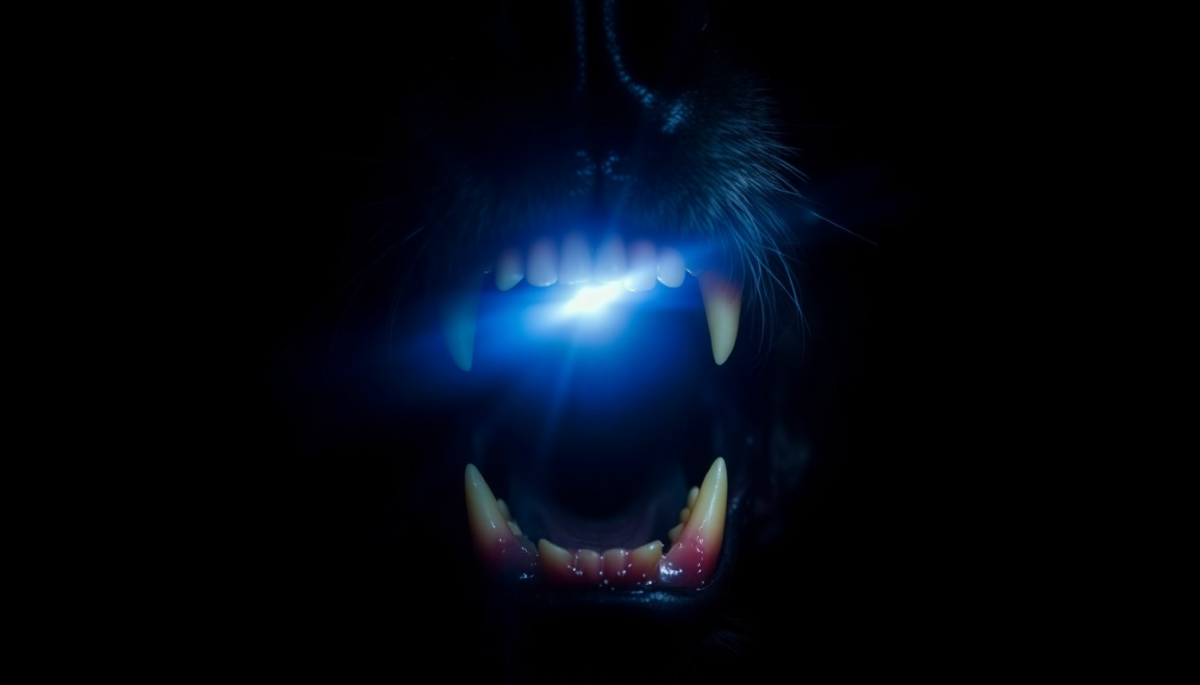 An extreme close-up of a dog's teeth and jaws, lit by a harsh flash against a dark background, conveying the violence and intensity of the attack.