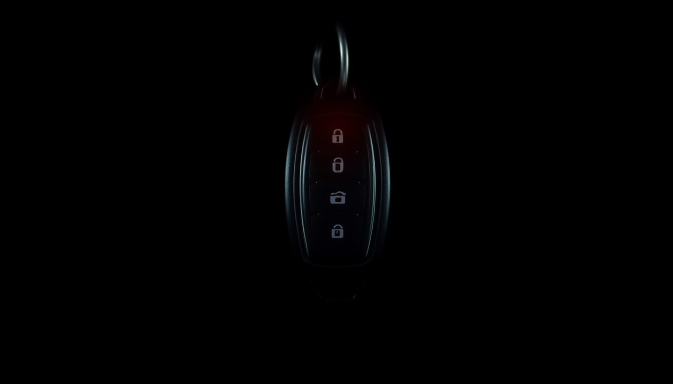 An extreme close-up of a car key fob reflecting a faint red light, conceptually representing the recovery of a stolen vehicle.