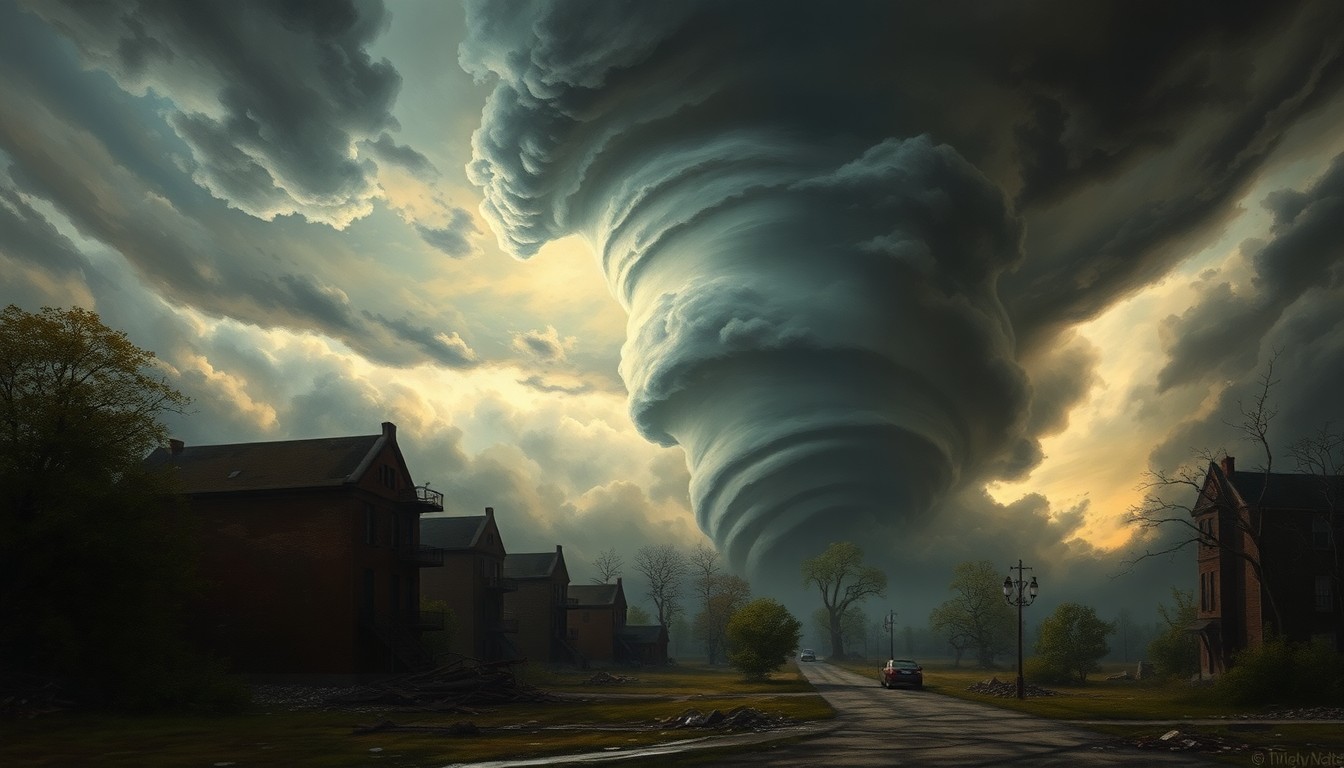 A sweeping, atmospheric landscape painting depicting the aftermath of a tornado in Ann Arbor, Michigan. The scene shows the damaged buildings and uprooted trees dwarfed by the overwhelming, sublime scale of the natural disaster, with dramatic clouds and lighting dominating the composition.
