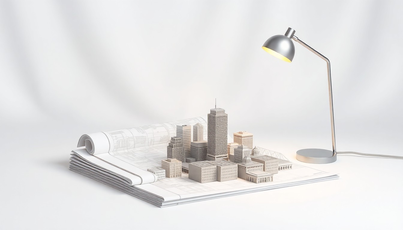 A high-end, photorealistic studio still-life photograph featuring a stack of architectural blueprints, a model of a city skyline, and a sleek, modern desk lamp arranged elegantly on a clean, white seamless background, conceptually representing the decision-making process around the future of Dallas City Hall.