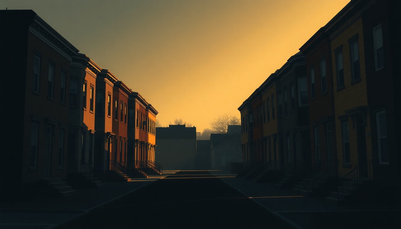 A serene, photorealistic painting depicting a row of dilapidated row houses in Baltimore, with warm sunlight casting long shadows across the scene, conveying a sense of urban decay and the need for revitalization.