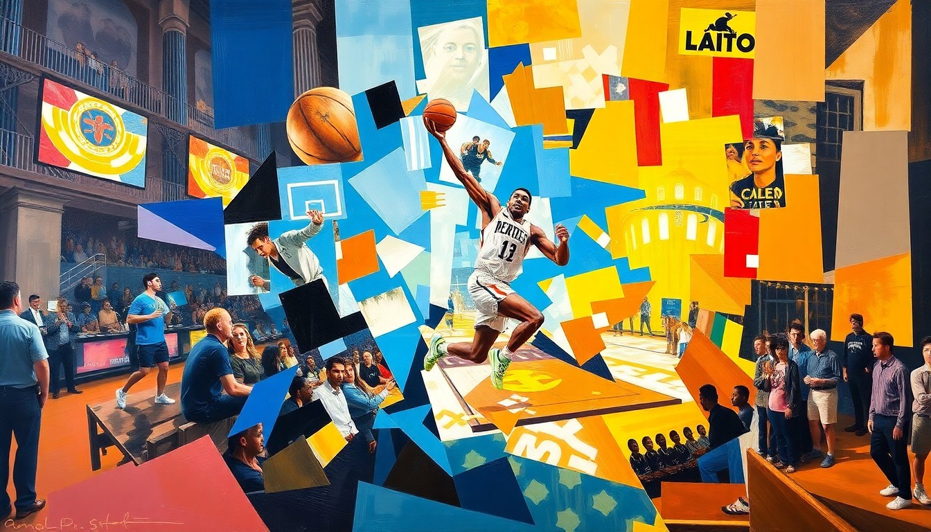 A cubist, geometric painting depicting the movements and energy of a basketball player on the court, with sharp, overlapping planes of color representing the dynamic action of the game.
