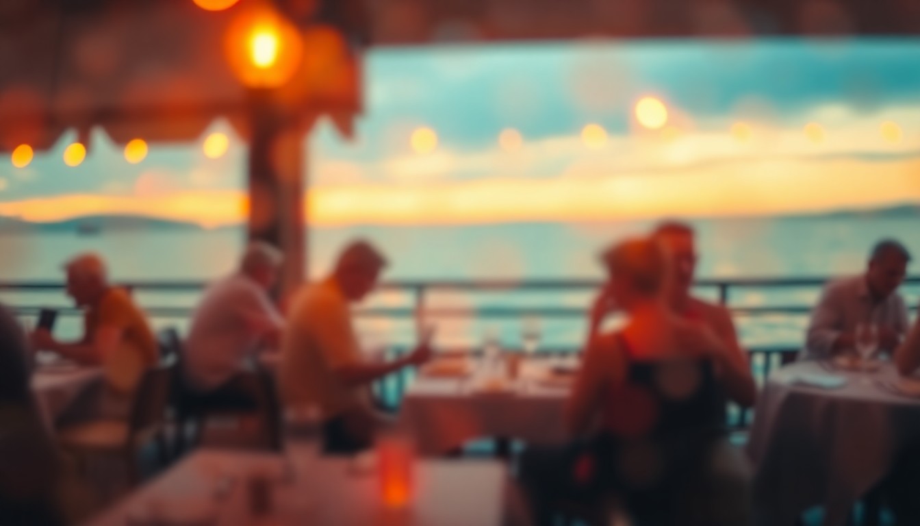 An extremely abstracted, out-of-focus photograph of diners enjoying a meal at a waterfront restaurant, with warm pools of light and color reflecting off the surface of Lake Erie.