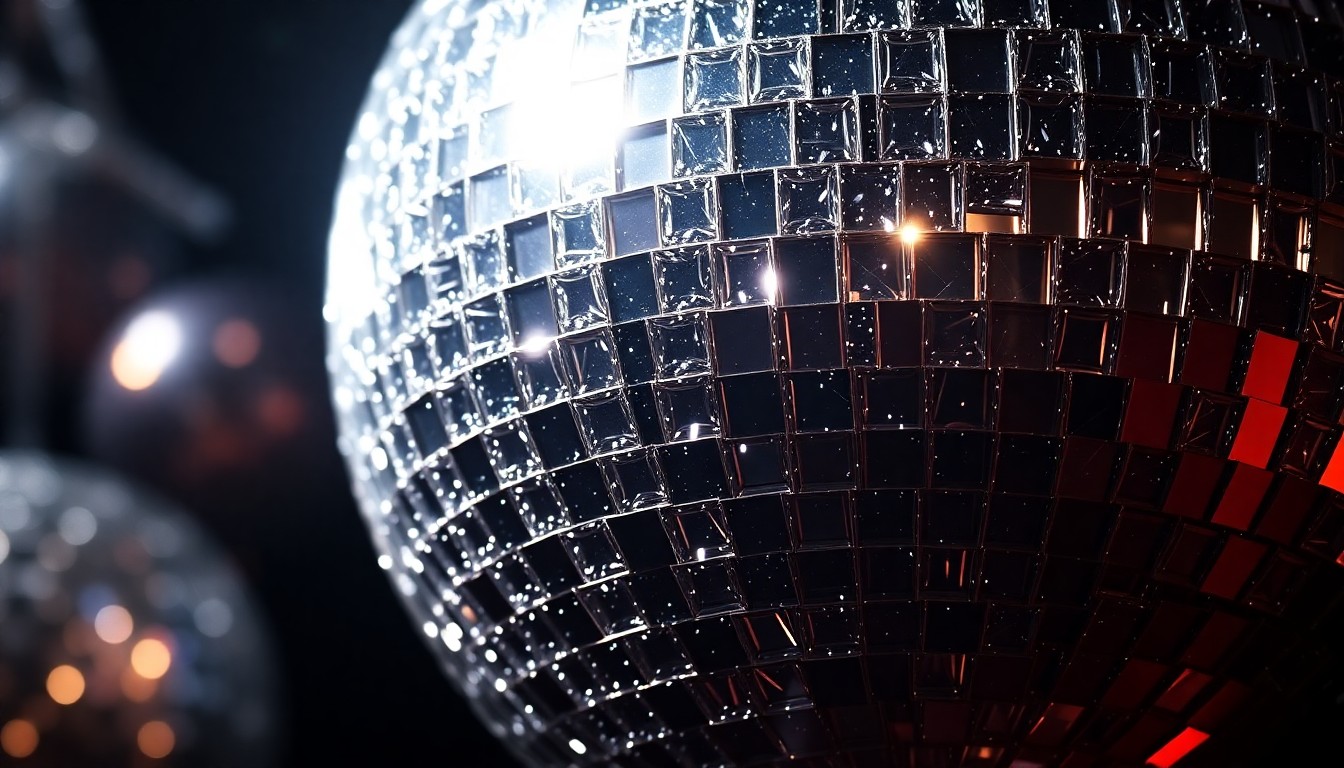 An abstract close-up photograph of a glittering disco ball, its reflective surfaces capturing dramatic highlights and shadows to create a glamorous, high-fashion aesthetic.