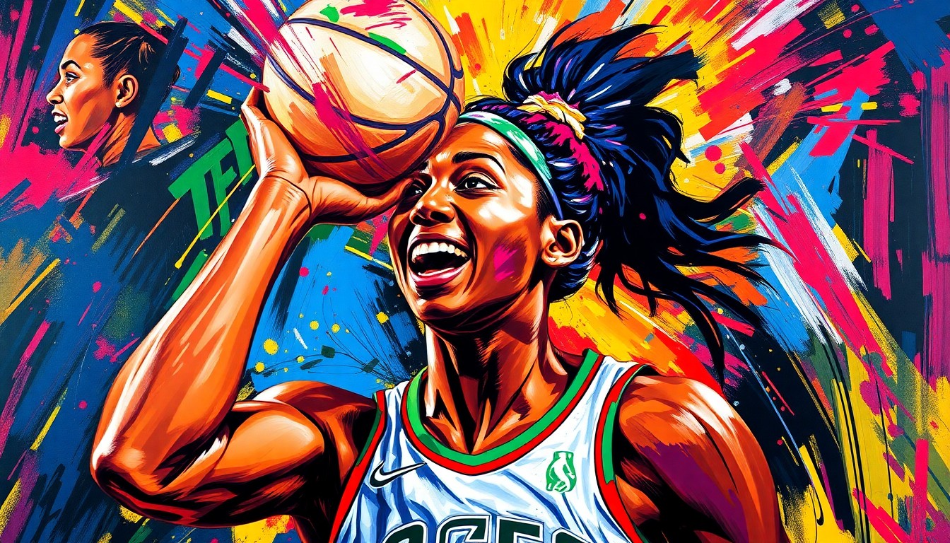 An explosive, neon-colored expressionist painting capturing the raw energy and competitive spirit of A'ja Wilson, the WNBA superstar, as she celebrates her record-breaking contract extension with the Las Vegas Aces.