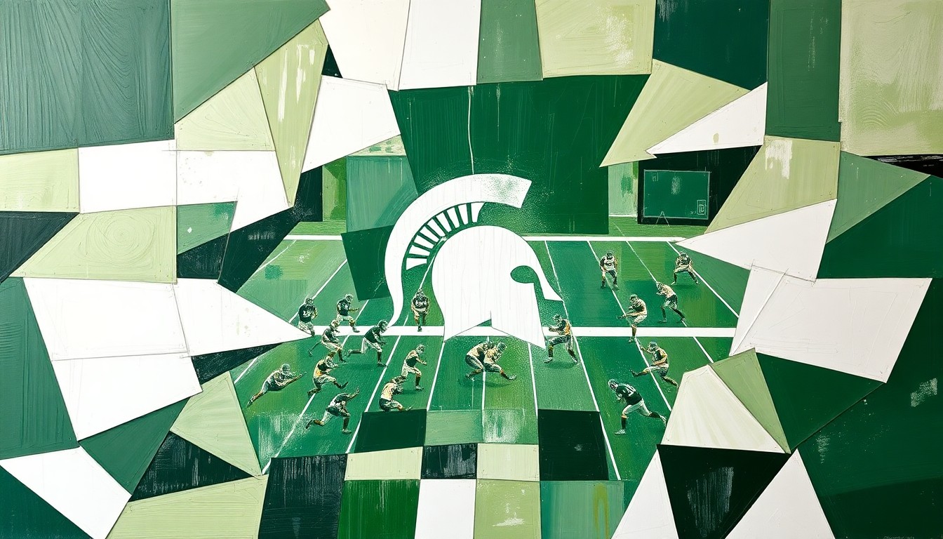 A fragmented, abstract painting depicting a Michigan State football scrimmage, with players and the field broken down into sharp, overlapping geometric shapes in the team's green, white, and bronze colors.