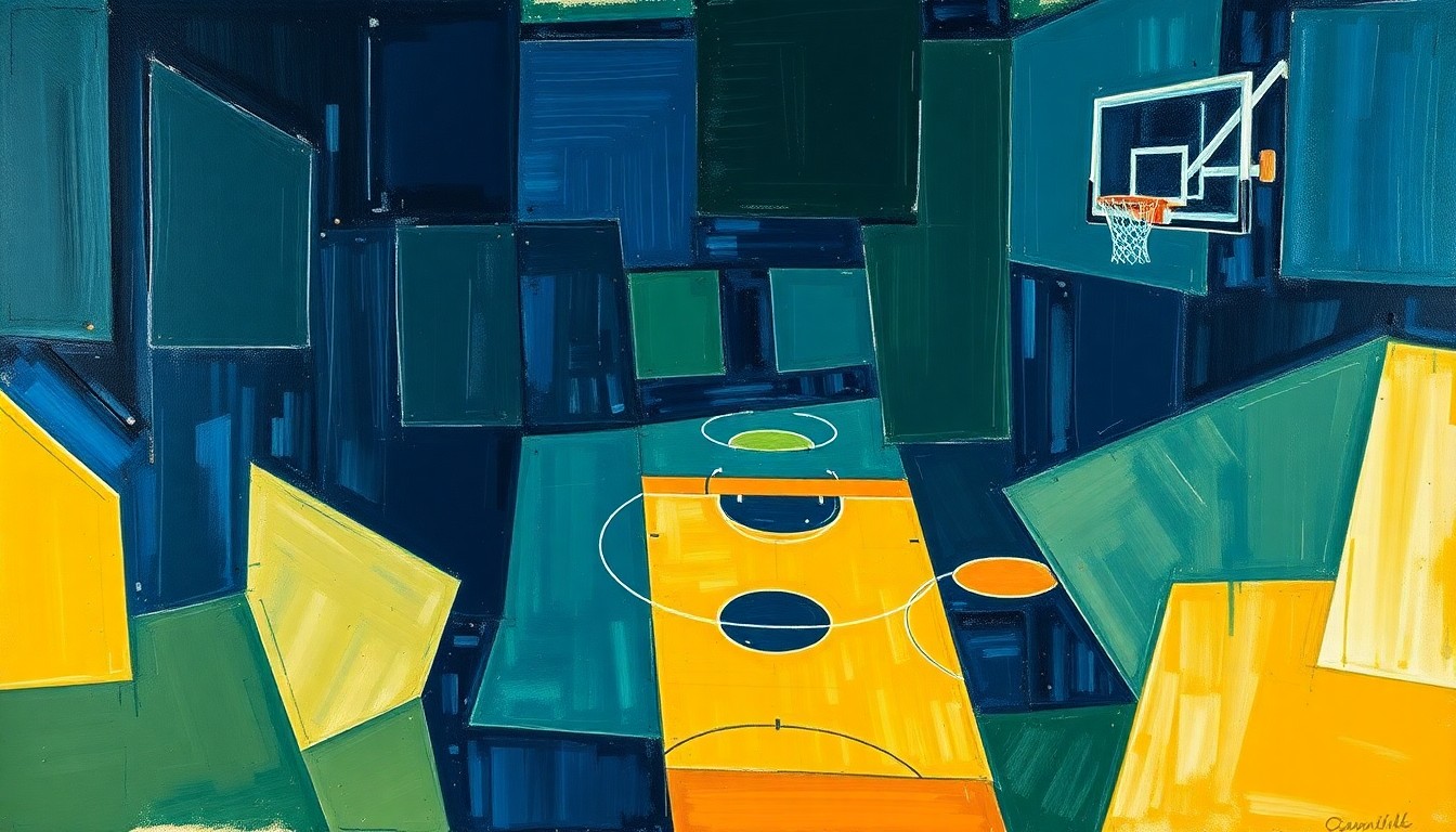 A fragmented, cubist-style painting depicting a basketball game, with the players and court broken down into sharp, overlapping geometric shapes in a palette of navy, green, and gold, conveying the intensity and drama of the playoff matchup.