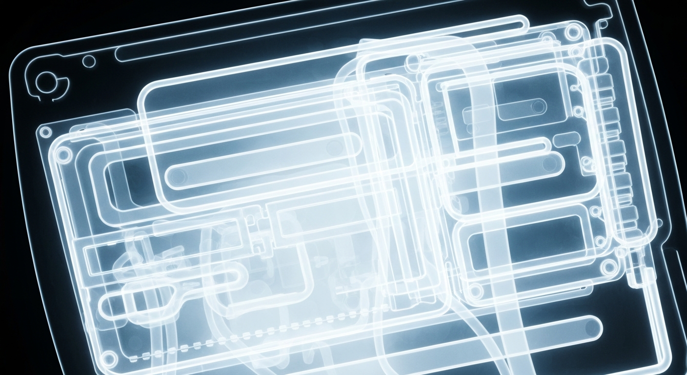 A ghostly, translucent X-ray photograph revealing the complex internal structure of a medical device or piece of healthcare technology, conceptually illustrating the challenges of implementing AI responsibly in the healthcare industry.