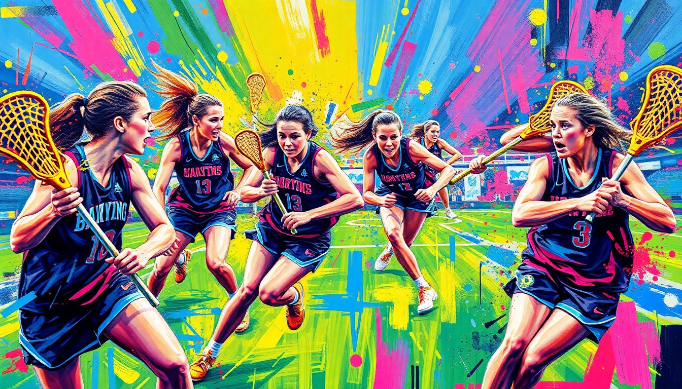 An abstract, energetic painting in neon colors depicting the fluid motion and intensity of a girls lacrosse game, with faces and details obscured by the expressive brushwork.