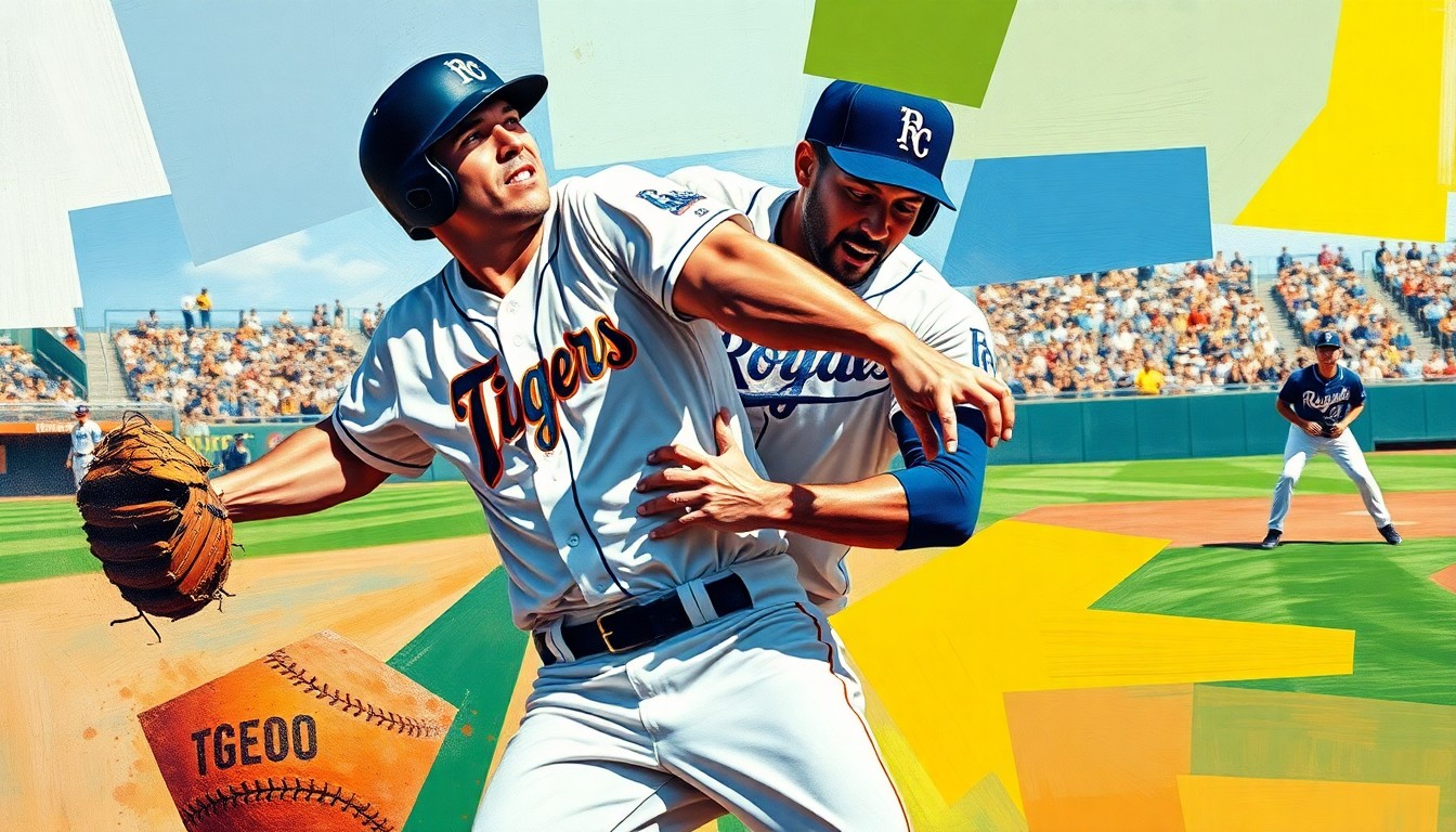 A fragmented, geometric painting depicting the collision between a baseball player and an outfielder, with sharp planes of color and overlapping perspectives conveying the dynamic action of the play.