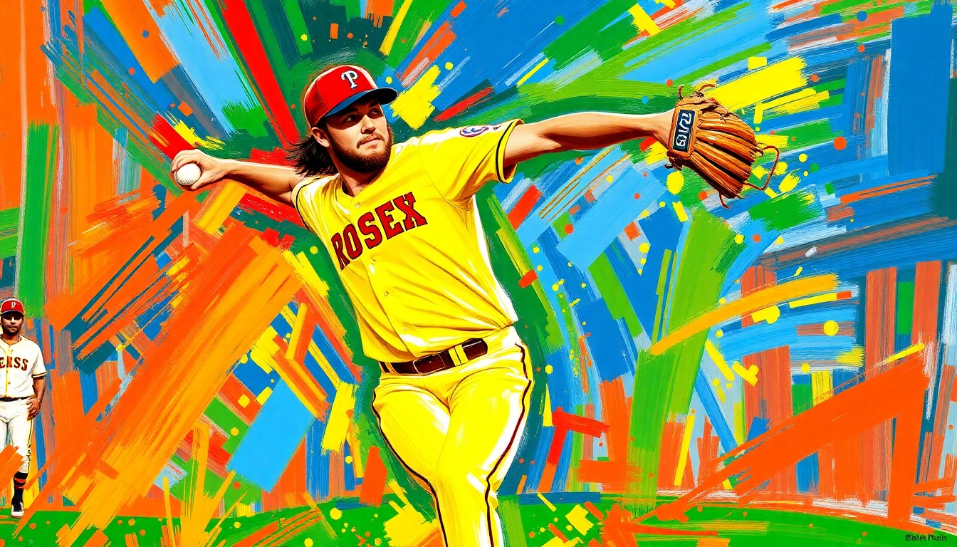 An abstract, energetic painting in neon colors depicting the dynamic pitching motion of a baseball player, conveying the raw athleticism and power of the sport.