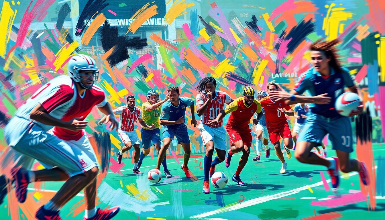 An abstract, vibrant painting in the style of LeRoy Neiman, with rapid brushstrokes and neon colors capturing the raw energy and movement of a sports scene, with figures and details dissolving into unrecognizable splatters.