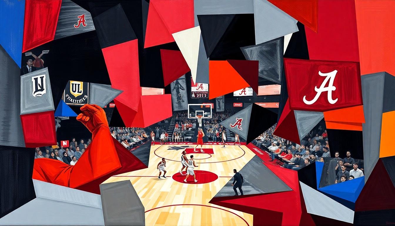 A cubist, geometric painting depicting a basketball game or match, with sharp, overlapping planes of color representing the players and action on the court.