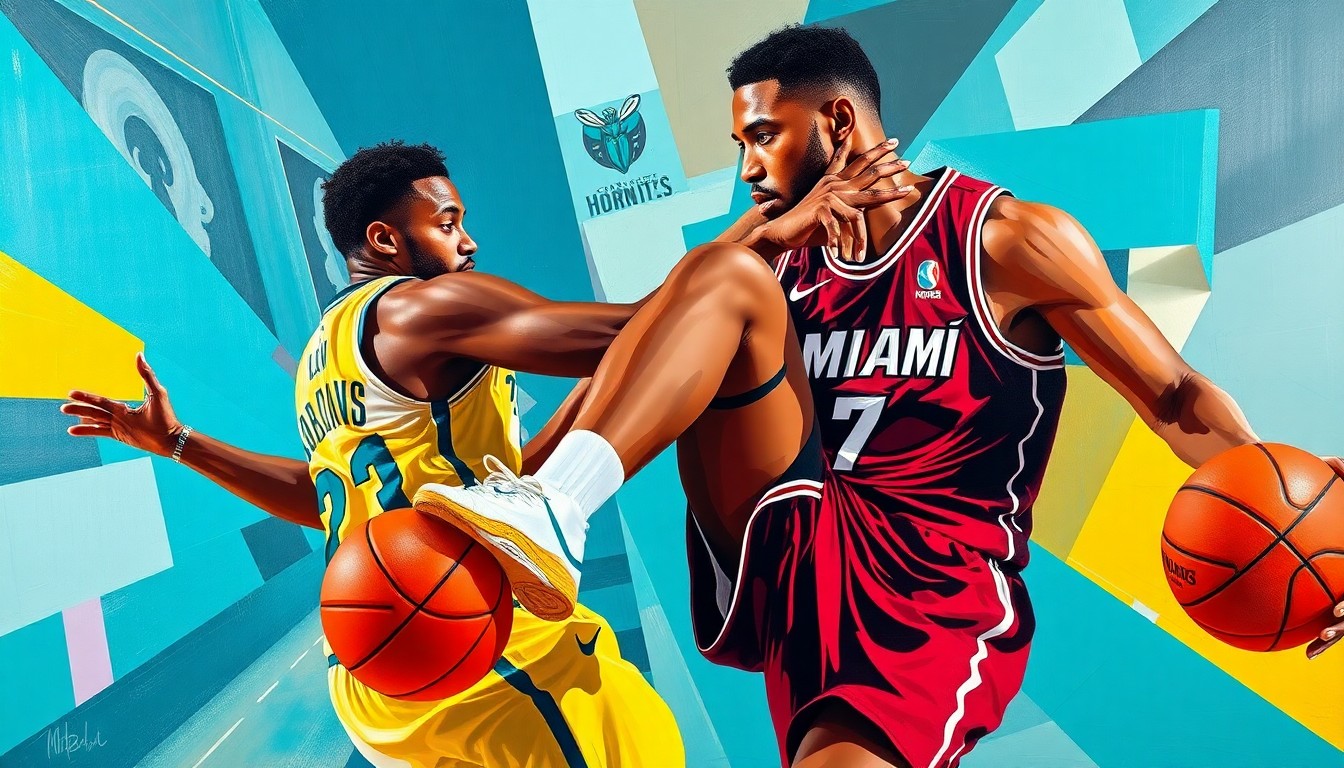 A fractured, geometric painting depicting the moment when LaMelo Ball reached out and tugged on Bam Adebayo's ankle, causing the Miami Heat player to suffer a back injury. The image is rendered in the cubist style, with sharp, overlapping planes of color representing the players' uniforms and the action on the court.