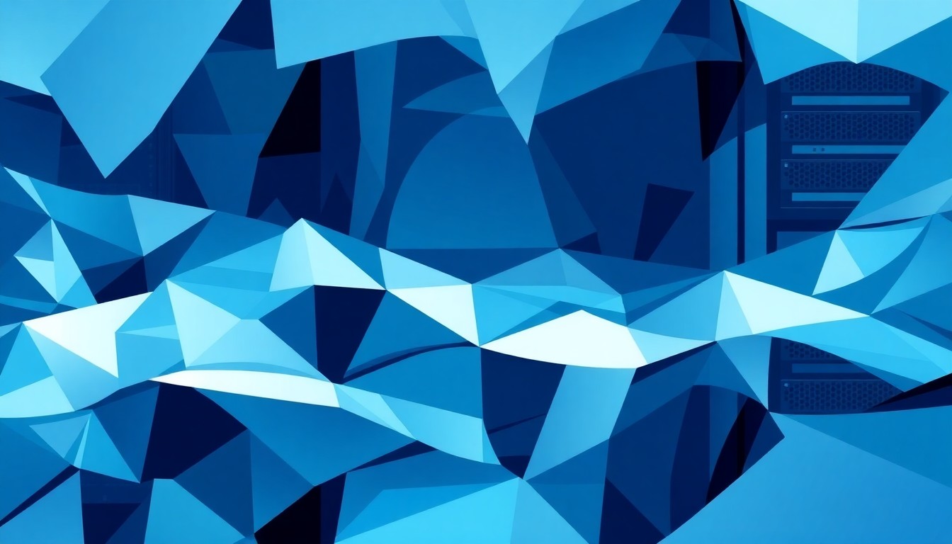 A dynamic, abstract painting of a data center server rack in overlapping, fragmented geometric shapes and waves of cool, muted colors, conceptually representing the rapid growth and technological complexity of the data center industry.