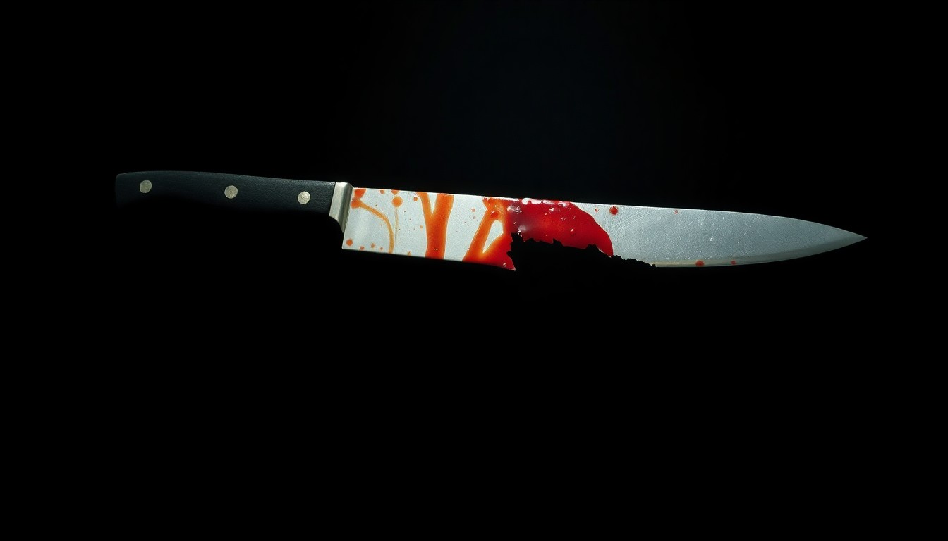 An extreme close-up photograph of a single piece of crime scene evidence, such as a bloodied knife or a torn piece of clothing, lit by a harsh, direct camera flash against a pitch-black background, conceptually illustrating the somber reality of a serial killer case.