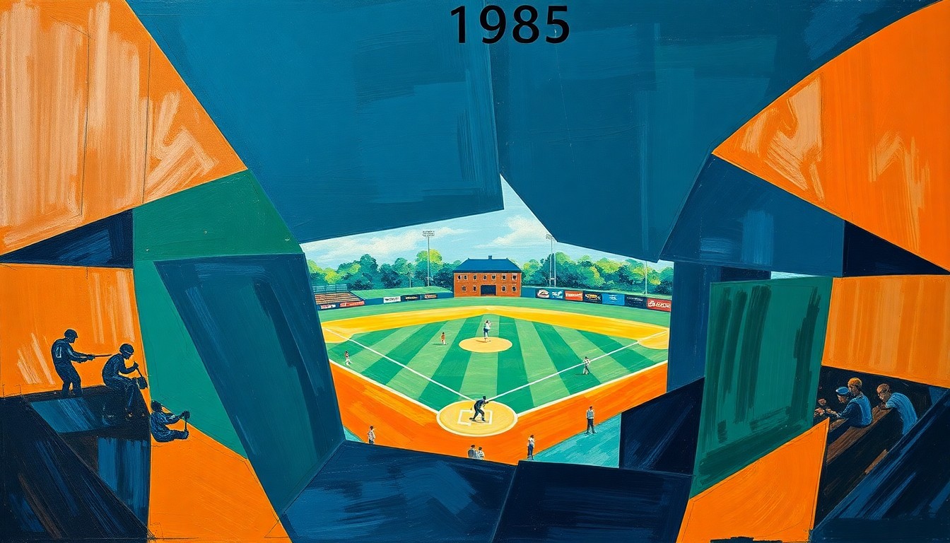 A cubist, geometric painting depicting a high school baseball game, with sharp, overlapping planes of navy blue, forest green, and burnt orange, conveying the fractured nature of the incident involving the Rocky River High School baseball team.