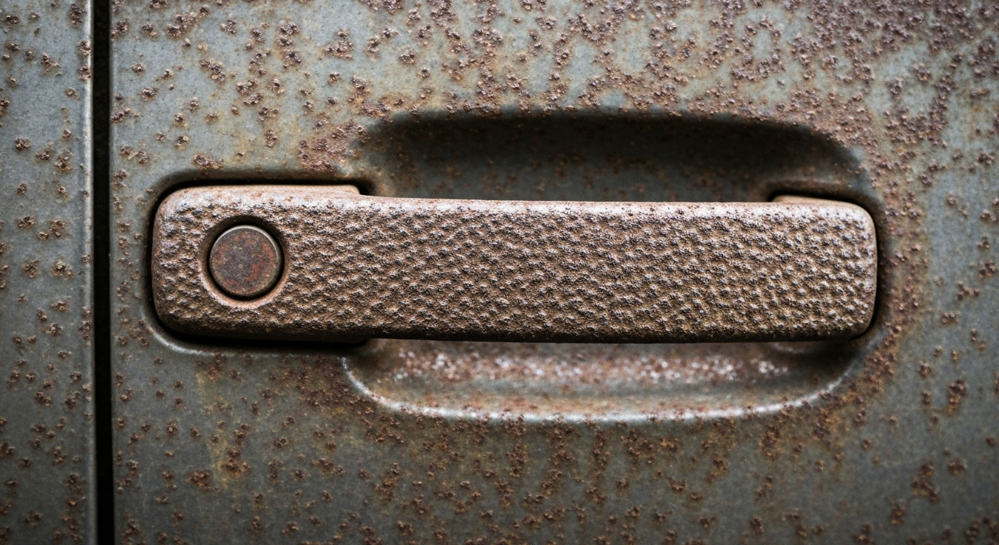 An extreme close-up of a rusted, pebbled car door handle in muted shades of brown, grey, and copper, conceptually illustrating the weathered condition of an abandoned vehicle.