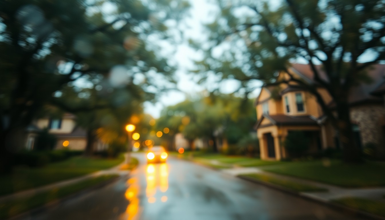 An abstract, impressionistic photograph of a residential Dallas street, with blurred trees, homes, and warm pools of light, conceptually representing the need for customized house washing based on local conditions.