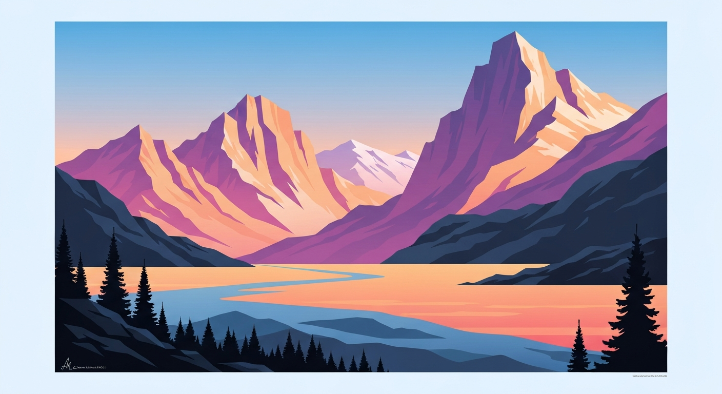 A bold, geometric illustration depicting a towering, stylized mountain landscape in shades of blue, green, and orange, conveying the grand scale and natural beauty of the travel experiences featured on the Wild Escape List platform.