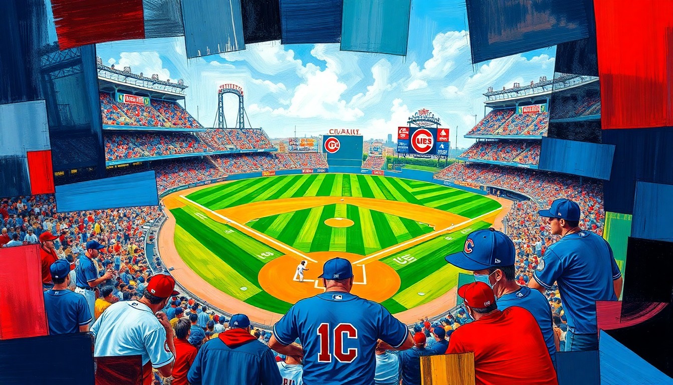 A fragmented, geometric painting in shades of blue and red, depicting the motion and action of a baseball game in an abstract, deconstructed style.