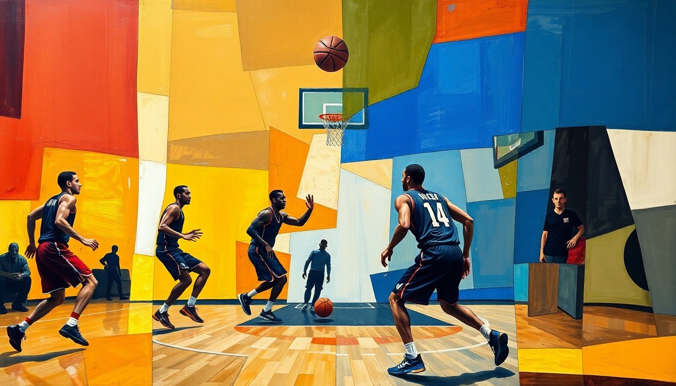 A cubist, geometric painting depicting a fragmented basketball game, with the players' forms broken down into abstract shapes and planes of color.