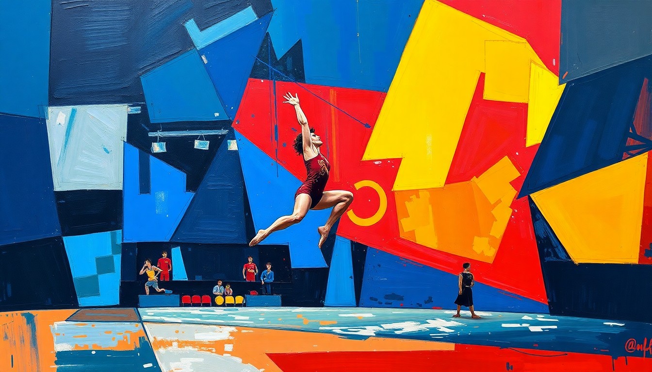 A cubist, geometric painting depicting a gymnastics competition, with overlapping planes of navy, crimson, and gold conveying the dynamic movements and energy of the sport.
