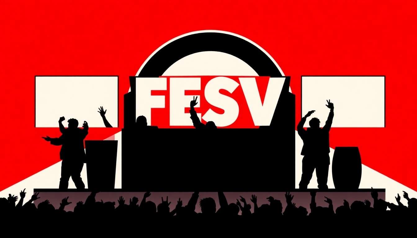 An abstract, minimalist illustration featuring bold, jagged black silhouettes against a bright red background, conceptually representing the energy and excitement of a major music festival.