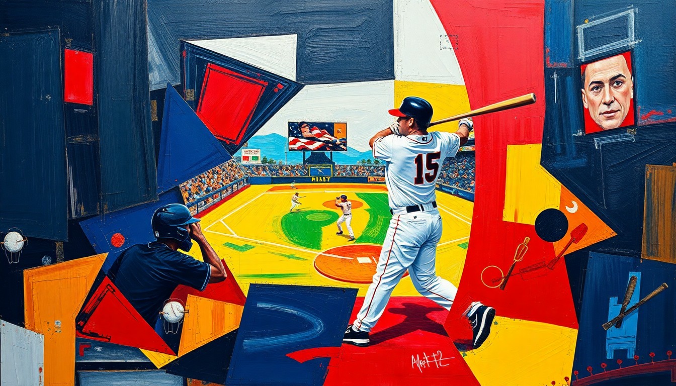 A cubist, geometric painting depicting a baseball player's swing, broken down into sharp, overlapping planes of color, capturing the raw power and energy of the sport.