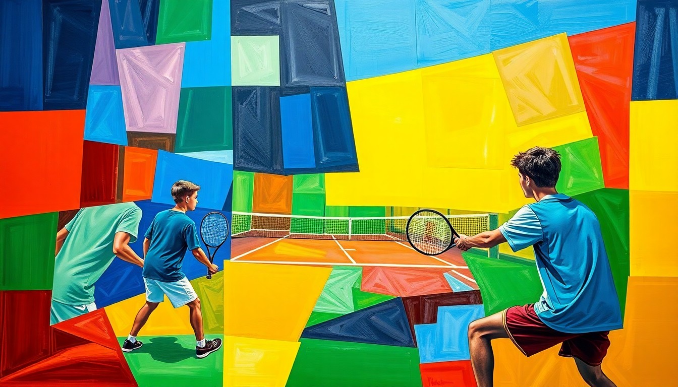 A fragmented, geometric painting in bold primary colors depicting the action and intensity of a high school tennis competition.