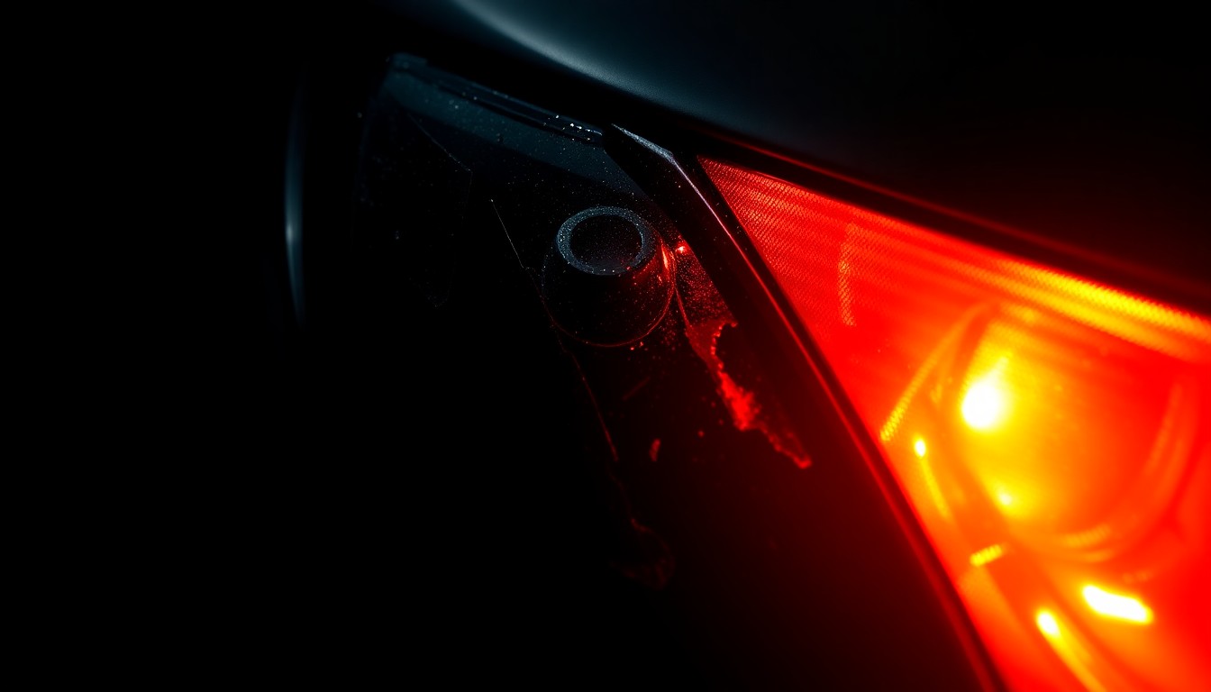 An extreme close-up photograph of a damaged car part, such as a crumpled side mirror or broken taillight, lit by a harsh, direct camera flash against a pitch-black background, conceptually illustrating the aftermath of a serious highway collision.