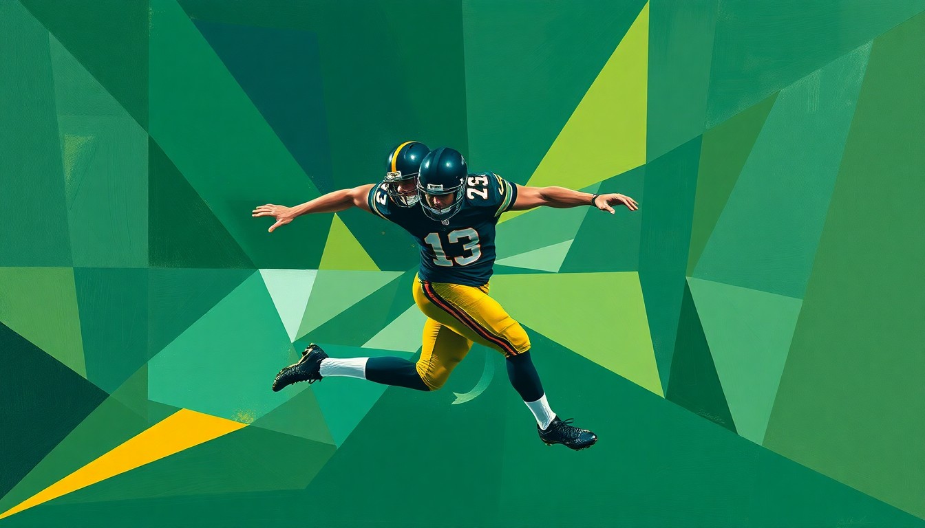 A cubist-style painting depicting a football player in mid-motion, broken down into overlapping geometric shapes in shades of green, blue, and gold, conveying the disruption caused by the player's season-ending injury.
