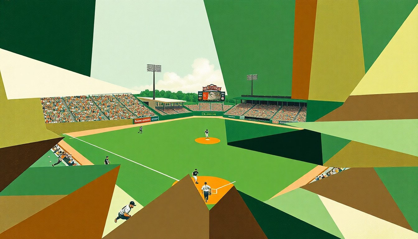 A cubist, geometric painting depicting a fragmented college baseball game, with sharp planes of green, brown, and white representing the field, players, and equipment.