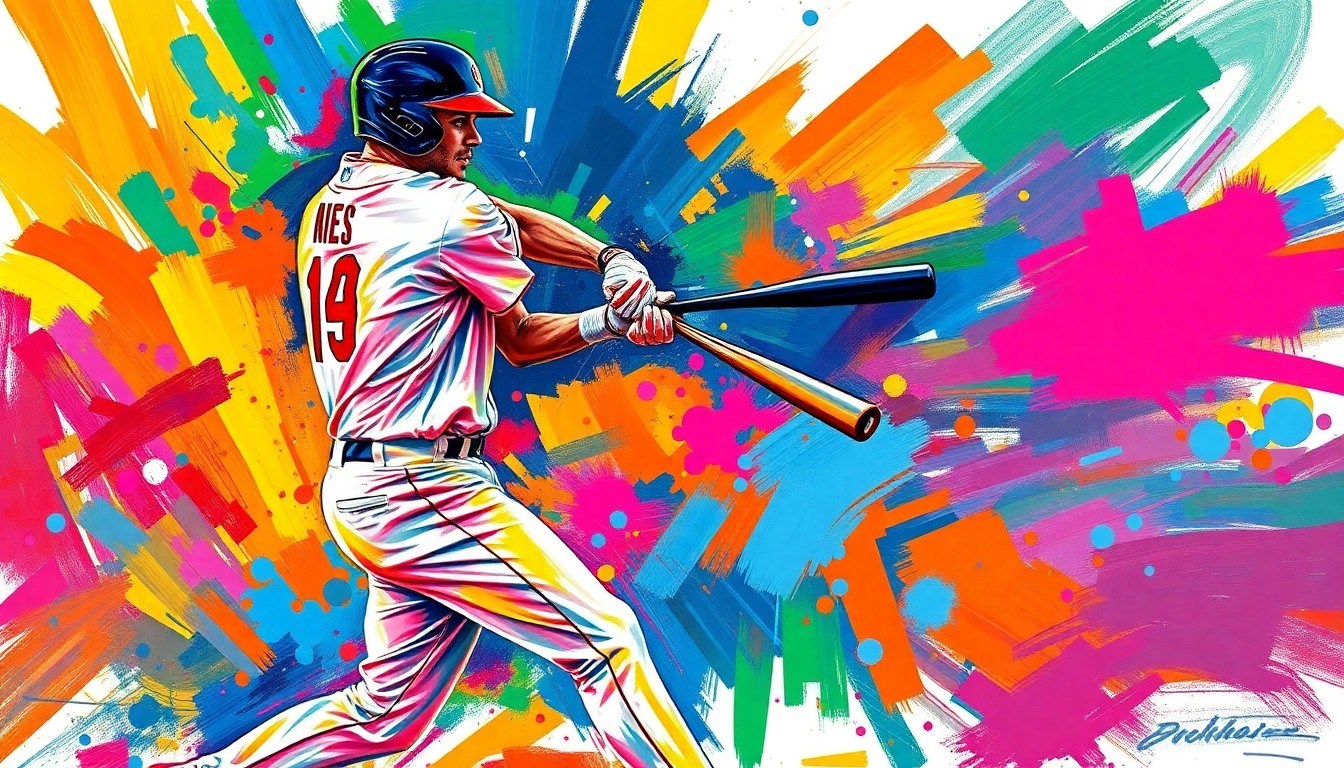 An abstract, energetic painting in neon colors depicting the powerful swing and explosive motion of a baseball player hitting a home run, conveying the raw athleticism and offensive prowess of the young Reds star.