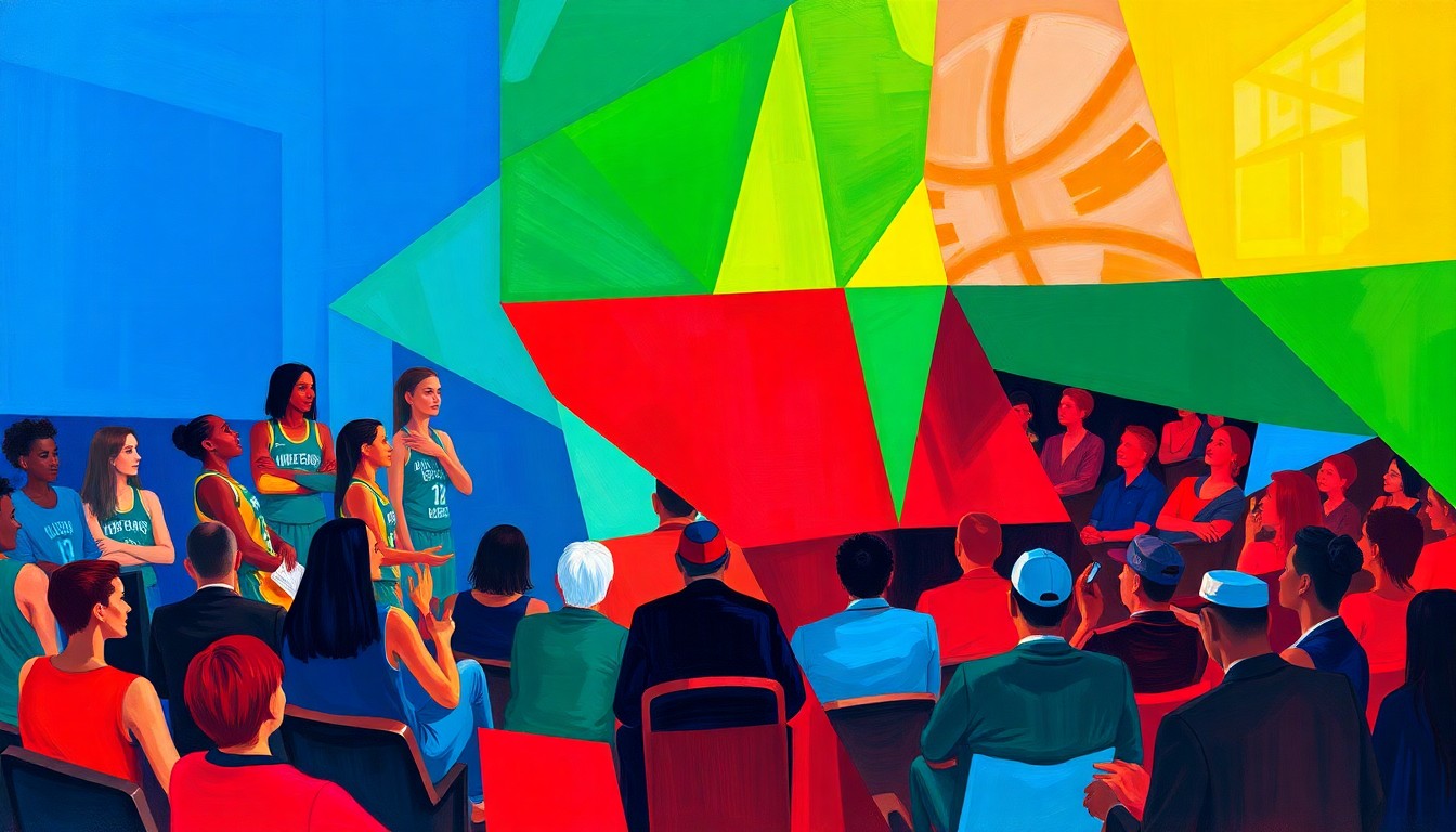 A cubist, geometric painting depicting an abstracted WNBA draft scene, with angular shapes in vibrant blues, greens, and reds representing the players, coaches, and audience.