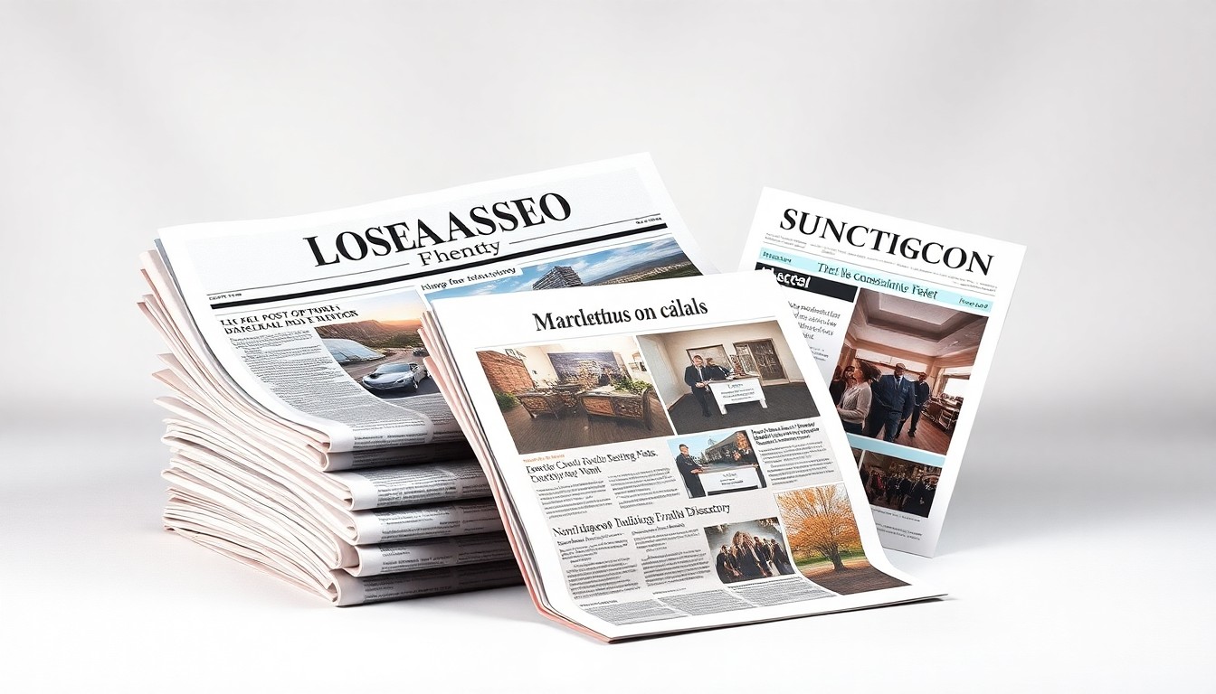A high-end studio still life photograph featuring a stack of local newspapers, a community event program, and a business directory, all arranged elegantly on a clean white background with dramatic lighting and shadows, conceptually representing the enduring value of local media for small businesses.